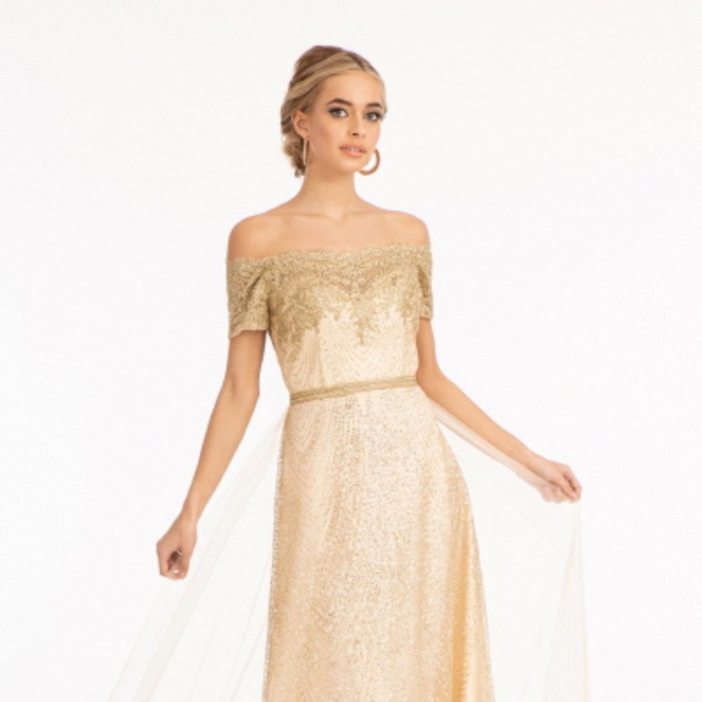 NEW LONG OFF THE SHOULDER EMBROIDERED GLITTER MESH DRESS WITH ZIPPER BACK GL2942